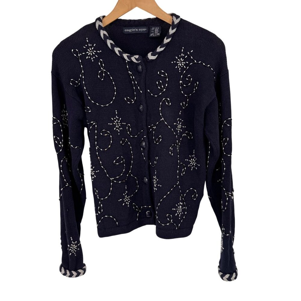 Eagles Eye Womens Beaded Cardigan Sweater size medium Navy silver